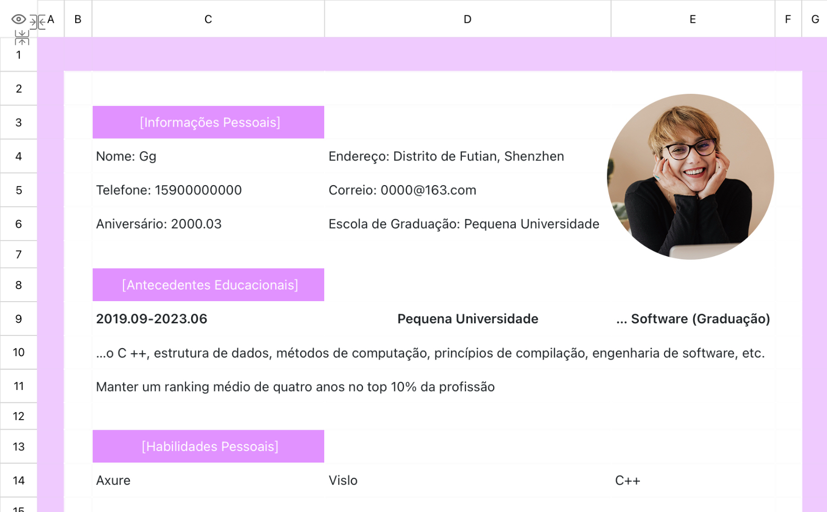 Currículo pessoal de estágio corporativo